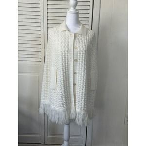 Vintage Glen Lea Cream Knit Shawl Cape Button Up Sweater Fringe Detail Collar